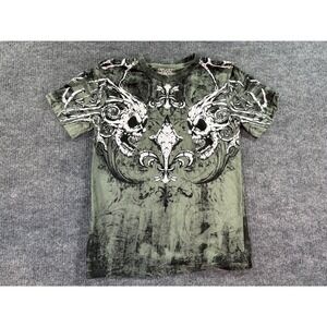 Eighty Eight Graphic T-Shirt Mens Small Green Distressed Skull Fleur De Lis Y2K